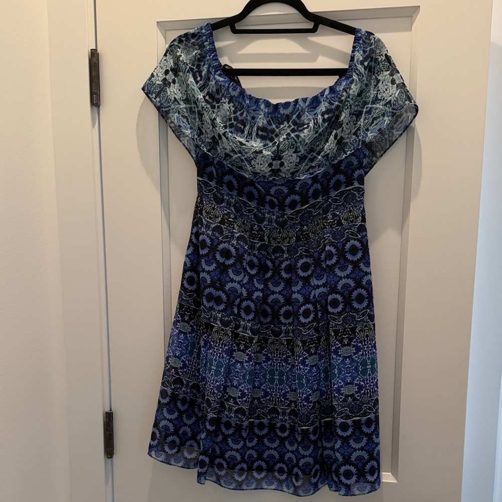 Eliza J Blue Patterned Off-Shoulder Mini Dress